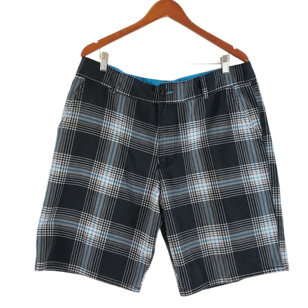 OP Men's SIZE 40 Casual Walking Shorts Plaid Black Gray Blue Checkered Pockets
